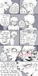 1:2 absurd_res angry asking blush clothed clothing comic dialogue duo english_text freckles hair hi_res human human_only izuku_midoriya katsuki_bakugou male male/male mammal my_hero_academia not_furry pretty_werewolf profanity shirt speech_bubble spot_color text topless topwear