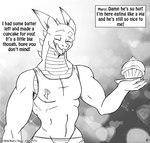 2016 anthro cherry clothing comic cupcake dessert dragon english_text eyes_closed food frosting fruit horn if_hell_had_a_taste male monochrome muscular muscular_male mythological_creature mythological_scalie mythology plant reptile scales scalie scar shirt skylar_fidchell solo sprinkles text topwear ventral_scales viroveteruscy