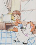 anus bandai_namco bed blush computer digimon digimon_(species) duo electronics feral fur furniture gomamon green_eyes hair hi_res human izzy_izumi male mammal on_bed red_hair tabasukotrr traditional_media_(artwork) white_body white_fur x_anus