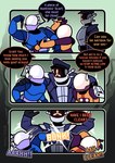 2024 absurd_res armor blue_armor blue_clothing blue_jacket blue_topwear captain_(risk_of_rain) clothing comic commando_(risk_of_rain) dialogue english_text group headgear helmet hi_res humanoid jacket male mercenary_(risk_of_rain) motion_lines not_furry orange_armor purple_armor rem_phase risk_of_rain speech_bubble standing text topwear trio wearing_hat wearing_helmet