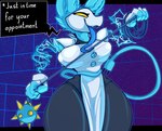 android ball_and_chain blue_body blue_fur clothing deltarune electricity female fur humanoid long_tongue machine open_mouth robot simple_background solo tasque_manager tight_clothing tongue trufzn undertale_(series) yellow_eyes