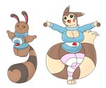 anthro big_breasts black_eyes breasts brown_body clothing duo female footwear furret generation_2_pokemon huge_breasts legwear long_tail nintendo orange_eyes pokeball pokemon pokemon_(species) sentret simple_background socks sweater tail topwear urusee584 white_background