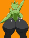 2023 animated anthro back_boob big_breasts big_butt blinking bottomwear breasts butt clothing female generation_2_pokemon green_body huge_breasts huge_butt looking_at_viewer looking_back looking_back_at_viewer nintendo pants pokemon pokemon_(species) shirt short_playtime simple_background smile solo tansau thick_thighs topwear twerking tyranitar