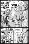 anthro borba canid canine clothed clothing comic disney english_text female fox greyscale group hi_res judy_hopps lagomorph leporid male mammal monochrome nick_wilde rabbit red_fox shay_(borba) speech_bubble text true_fox zootopia