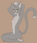 anthro areola breasts colored countershading digital_drawing_(artwork) digital_media_(artwork) felid feline female female_anthro fur grey_body grey_fur hands_behind_head hi_res johndoe8771 kneeling looking_at_viewer mammal nipples nude plantigrade side_view simple_background small_breasts smile solo sylvania_(johndoe8771) tail yellow_eyes