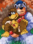 2019 3:4 3_toes 4_fingers anthro balls banjo-kazooie banjo_(banjo-kazooie) bear black_nose blue_body blue_eyes blue_fur blush bodily_fluids boggy_(banjo-kazooie) bowserboy101 brown_body brown_fur clothing digital_media_(artwork) duo feet fingers fur genital_fluids genitals green_eyes hat headgear headwear hi_res humanoid_genitalia humanoid_penis looking_at_another male male/male mammal penis polar_bear precum rareware sitting slightly_chubby teeth thick_penis toes ursine