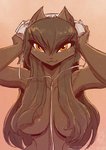 2021 anthro black_hair breasts brown_body brown_fur conditional_dnp electronics felid feline female fur hair headphones jollyjack looking_at_viewer mammal narrowed_eyes nude orange_eyes simple_background solo tan_background text url yellow_eyes