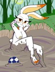 anthro areola breasts female forest forest_background generation_8_pokemon grey_areola grey_nipples hands_behind_head hi_res lagomorph leporid looking_at_viewer mammal messy mud mud_pit nature nature_background nintendo nipples nude plant pokemon pokemon_(species) rabbit scorbunny sebaku slim soccer_ball_print solo tree wam