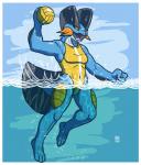 2019 3_toes 4_fingers absurd_res anthro athletic athletic_anthro athletic_female barefoot bikini border breasts clothing feet female fingers fist generation_3_pokemon hi_res megawolf77 navel nintendo one-piece_swimsuit open_mouth partially_submerged plantigrade pokemon pokemon_(species) solo sports_bikini sports_leotard swampert swimwear toes two-piece_swimsuit water wet white_border yellow_clothing