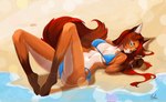 anthro beach breasts canid canine clothing ear_piercing ear_ring female fox hi_res jewelry mammal navel navel_piercing piercing recreation ring_piercing sea solo summer sun sunny swimwear water yolu