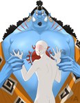 achemart9015 anon anthro belly blood blue_body blush blush_lines bodily_fluids duo fish-men_(one_piece) groping_chest hi_res human jinbe male male/male mammal marine moob_grab moob_squish moobs musclegut muscular nipples nosebleed one_piece pecs size_difference tusks