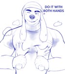 absurd_res anthro beanie big_pecs bodily_fluids canid canine canis chest_grab clothed clothing dialogue digital_media_(artwork) doggonut domestic_dog dough_(doggonut) duo english_text floppy_ears fur hand_on_chest hand_on_pecs hat headgear headwear hi_res male male/male mammal muscle_worship muscular muscular_anthro muscular_male nipple_outline pec_grab pecs reaching simple_background smile sweat sweater text topwear