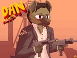 4:3 absurd_res anthro blood bodily_fluids dan_decarlo digital_media_(artwork) dual_wielding gun gunshot_wound hi_res holding_object holding_weapon hrelterskrelter hyena male mammal model_sheet pixel_(artwork) ranged_weapon solo submachine_gun weapon