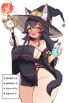 accessory animal_humanoid big_breasts black_hair breasts canid canid_humanoid canine canine_humanoid clothing dress female fire hair hair_accessory hat headgear headwear hi_res highlights_(coloring) hololive humanoid japanese_text long_hair magic_user magic_wand mammal mammal_humanoid multicolored_hair ookami_mio open_mouth open_smile potion potion_bottle red_highlights side_boob simple_background smile smiling_at_viewer solo tail text thick_thighs vtuber wide_hips witch_hat wolf_humanoid yellow_eyes zazami_d