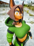 2024 3d_(artwork) absurd_res anthro breasts brown_body brown_fur brown_hair canid canine canis clothing collar digital_media_(artwork) dobermann dog_knight_rpg domestic_dog female fingerless_gloves fur gloves hair handwear hi_res hood looking_at_viewer mammal midriff pinscher rory_(ceehaz) solo yukalala