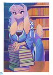 2021 5_fingers anthro aruurara big_breasts book book_stack breasts cleavage clothed clothing digital_media_(artwork) female female_anthro fingers floppy_ears fully_clothed fur hair hi_res inside kemono lagomorph leporid library long_ears long_hair looking_at_viewer lop_ears mammal rabbit red_eyes solo sophia_(aruurara) white_body white_fur white_hair