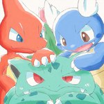 ambiguous_gender blue_body blush blush_lines charmeleon claws duo elemental_creature fangs feral flora_fauna generation_1_pokemon green_body group hug ivysaur kinakomocheeni leaf nintendo plant pokemon pokemon_(species) red_body shell simple_background teeth trio wartortle white_background