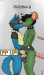 absurd_res anthro black_body black_fur black_hair blue_body blue_fur collar comic duo ear_piercing ear_ring foreskin fur generation_4_pokemon genitals green_body green_fur hair heart_symbol hi_res how_to_be_an_amazing_pokemon_trainer kiss_on_lips kissing lucario male male/male mammal murid murine nintendo pawsta pawsta_(character) penis piercing pokemon pokemon_(species) pubes rat ring_piercing rodent spiked_collar spikes tail