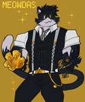 :3 anthro arm_tattoo belt_buckle black_body black_clothing black_fur buckle business_attire business_suit claws clothing domestic_cat dress_pants ear_piercing english_text epic_games eye_scar facial_scar felid feline felis fortnite fur furgonomics fusion g0dp4rticl3 gold_(metal) gold_background hi_res jewelry male mammal meowscles midas_(fortnite) multicolored_body muscular muscular_anthro muscular_male necktie pants_chain piercing rolled_up_sleeves scar solo suit suspenders tail tattoo text toony toony_expression toony_eyes topwear two_tone_body vest wallet_chain white_body white_clothing white_fur