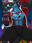 abs anthro bell belt bottomwear christmas christmas_clothing christmas_tree clothed clothing coat crouching dialogue english_text fire generation_6_pokemon gift hand_behind_head harness hi_res holding_object holidays inside looking_at_viewer male masterelrest mega_charizard mega_charizard_x mega_evolution muscular muscular_male nintendo pants plant pokemon pokemon_(species) seductive solo speech_bubble talking_to_viewer text topwear tree