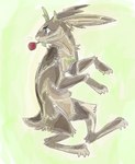 2019 ambiguous_gender antlers bow_tie brown_body brown_fur claws digital_media_(artwork) digital_painting_(artwork) digital_watercolor_(artwork) digitigrade eyebrows featureless_crotch feral flower flower_in_mouth full-length_portrait fur green_antlers green_background green_bow_tie hare horn jackalope jaspering lagomorph leporid mammal paws plant portrait rose_(flower) rose_in_mouth scut_tail semi-anthro shaded short_tail simple_background solo tail