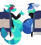 2019 3_fingers aircraft airplane aisle alternate_color amphibian anthro anthrofied artist_name ass_to_ass big_butt big_tail black_butt black_clothing black_ears black_face black_markings black_topwear blue_butt blue_ears blue_face blue_kerchief blue_neckerchief bottomless bottomless_anthro bottomless_male butt butt_markings claws closed_smile clothed clothed_anthro clothed_male clothing countershade_butt countershade_face countershading dark_clothing dark_topwear digital_drawing_(artwork) digital_media_(artwork) dragon duo ear_markings facial_markings fan_character finger_claws fingers flygon generation_3_pokemon generation_6_pokemon gesture green_butt green_ears green_face green_hands green_markings green_scarf green_tail green_tongue greninja hat head_markings headgear headwear hi_res huge_butt inside_airplane inside_vehicle kerchief len_(focus) long_tongue looking_at_another looking_at_another's_butt looking_at_butt looking_at_partner looking_at_partner's_butt looking_at_viewer looking_back looking_back_at_viewer male male/male markings meatshaq mouth_closed multicolored_butt multicolored_ears mythological_creature mythological_scalie mythology neckerchief nintendo pattern_clothing pattern_topwear pilot_suit pilot_uniform pokemon pokemon_(species) pokemorph red_eyes scalie scarf scarf_tongue seats signature simple_background sitting sitting_on_seat smile smiling_at_viewer striped_clothing striped_sleeves striped_topwear stripes tail tail_markings tongue topwear uniform ushanka vehicle waving waving_at_viewer waving_hand white_background white_finger_claws yellow_stripes