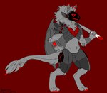 anthro dragon fur grey_body grey_fur machine male melee_weapon mythological_creature mythological_scalie mythology protogen scalie scar_(scardaproto) scardaproto solo sword tail visor weapon wings