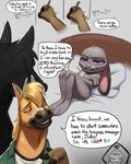 2023 4:5 annoyed anthro blonde_hair buck_colton_(thehumancopier) canon_x_oc comic crossed_arms dialogue digital_media_(artwork) disney duo english_text equid equine fan_character female fur grey_body grey_fur hair hi_res horse judy_hopps lagomorph leporid lying male mammal nude nude_anthro nude_female on_back purple_eyes rabbit speech_bubble tan_body tan_fur text thehumancopier zootopia