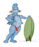 2023 anthro barefoot blue_body blue_clothing blue_topwear bottomwear bulge clothed clothing feet fish full-length_portrait generation_3_pokemon green_eyes hand_on_hip hi_res hybrid kippy_the_sharkip looking_at_viewer male marine mudkip narrowed_eyes navel nintendo oselotti pokemon pokemon_(species) portrait pose red_bottomwear red_clothing shark signature simple_background smile solo standing striped_arms striped_legs surfboard topwear white_background