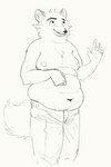 2020 anthro belly bottomwear canid canine cettus clothed clothing fox gesture looking_up male mammal moobs overweight overweight_anthro overweight_male pants sketch smile solo standing topless waving