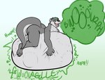 abdominal_bulge anthro belly big_belly big_butt bodily_noises burp_cloud burping butt cedarott colored different_sound_effects digital_media_(artwork) english_text fluffy full_stomach fur gradient_background green_clouds green_eyes green_hair green_highlights grey_body grey_fur grey_hair hair hand_on_belly hi_res highlights_(coloring) holding_belly holding_stomach huge_belly hyper hyper_abdominal_bulge hyper_belly male male_pred mammal mouth multicolored_body mustelid nude onomatopoeia open_mouth oral_vore otter quillott rumbling_stomach simple_background solo sound_effects tail teeth teeth_showing text thick_thighs tongue two_tone_body vore white_body white_fur