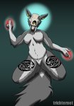 absurd_res anthro bent_legs bone breasts ear_piercing facial_piercing female fluffy hi_res leg_tattoo neck_tuft nose_piercing nose_ring piercing pose rhea_(trichternet) ring_piercing skull skull_head skully spread_legs spreading tattoo thick_thighs thighs trichternet tuft wide_hips