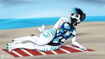 absurd_res beach beach_blanket beach_towel black_body black_ears black_eyes black_fur black_hair blue_body blue_fur blue_hair breasts clothing fur hair hi_res hyena hyenid_(species) kvnpoulsen looking_at_viewer lying mammal markings multicolored_body multicolored_fur nail_biting on_side seductive striped_body striped_fur striped_markings striped_tail stripes swimsuit_only swimwear tail tail_markings towel water watermark white_body white_fur