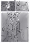 aariel_(wolfyalex96) anthro axel_(wolfyalex96) bathroom bodily_fluids bulge bulge_frottage canid canine clothing comic digital_media_(artwork) duo erection eye_contact eyes_closed french_kissing frottage graffiti hand_on_back hi_res jewelry kissing looking_at_another male male/male mammal medibang_paint_(artwork) necklace open_mouth penile public public_restroom restroom_stall saliva saliva_string sex swimming_trunks swimwear tail tail_motion tailwag teeth toilet tongue tongue_out wolfyalex96