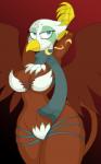 2015 anthro anthrofied avian beak big_breasts breasts cleavage clothed clothing feathered_wings feathers female friendship_is_magic greta_(mlp) gryphon hand_behind_head hasbro hi_res jrvanesbroek my_little_pony mythological_avian mythological_creature mythology navel non-mammal_breasts scarf skimpy solo tail wide_hipped_female wide_hips wings