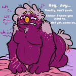 1:1 2024 ambiguous_gender anthro bedding birth birth_denial blanket blanket_grab blush breath bugsnax colored digital_drawing_(artwork) digital_media_(artwork) english_text female female/ambiguous flat_colors floofty_fizzlebean full-length_portrait grumpus hi_res magenta_fur offscreen_character portrait pregnant pregnant_anthro pregsnax(artist) simple_background text young_horses