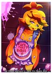 absurd_res animatronic anthro apron avian bird blonde_hair border cake chica_(cally3d) chica_(fnaf) chicken clothing dessert english_text female five_nights_at_freddy's food fredina's_nightclub galliform gallus_(genus) hair heart_symbol hi_res icing machine phasianid robot scottgames solo spot_caution text tongue tongue_out white_border yellow_body