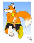 4:5 anthro anus balls bartek22 blue_eyes bottomwear bottomwear_down butt chris_the_fox_(bartek22) clothed clothing ear_piercing ears_up feet foot_fetish footwear fur genitals humanoid_feet kneeling looking_at_viewer male one_shoe_on orange_body orange_fur pants pants_down partially_clothed penis piercing plantigrade shoes solo tail tongue tongue_out white_body white_fur