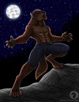 4_toes 5_fingers abs anthro artist_logo artist_name athletic athletic_anthro athletic_male black_claws black_lips black_nose black_pawpads bottomwear broad_shoulders canid canine canis chin_tuft claws clothed clothing digitigrade eyes_closed facial_tuft feet finger_claws fingers forest full_moon head_back head_tuft howl lips logo male mammal mane moon mythological_canine mythological_creature mythology night on_rock open_mouth outside pawpads paws pecs plant ravenfire5 rock sky solo standing star tail teeth text toe_claws toes tongue topless torn_bottomwear torn_clothing tree tuft were werecanid werecanine werewolf wolf