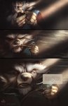 alectorfencer anthro black_nose blue_eyes clothed clothing comic dialogue english_text fur hi_res male mammal pipe procyonid raccoon signature smoking smoking_pipe solo text white_body white_fur