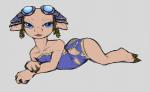 2017 asura backless_swimsuit butt claws clothing digital_media_(artwork) female flat_chested guild_wars humanoid ivory-raven looking_at_viewer lying mammal one-piece_swimsuit open-back_swimsuit side_cutout sideless_swimsuit simple_background solo strapless_clothing strapless_swimwear swimwear zojja