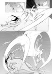 action_pose battle black_sclera blade claws comic cross-popping_vein eeveelution fight front_flip generation_1_pokemon generation_4_pokemon glowing glowing_tail hi_res jumping leafeon monochrome motion_lines nintendo pokemon pokemon_(species) pokemon_mystery_dungeon pose simple_background slashing spike_chunsoft spinning tail tail_blade tail_motion vaporeon weapon_tail yamatokuroko965