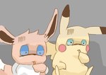 2019 ambiguous_gender blue_eyes brown_body distressed duo eating eevee front_view generation_1_pokemon get_it_go grey_background holding_object holding_tool holding_utensil kitchen_utensils neck_tuft nintendo pikachu pokemon pokemon_(species) red_cheeks simple_background tools tuft yellow_body