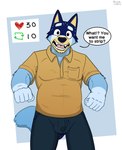 anthro australian_cattle_dog bandit_heeler blue_body blue_fur bluey_(series) bulge canid canine canis cattledog detailed_bulge dialogue domestic_dog english_text fur heart_symbol herding_dog hi_res lewd_latte male mammal pastoral_dog shared_reaction simple_background solo surprise text yellow_body yellow_fur