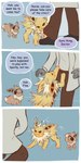 1:2 ambiguous_gender brown_body brown_fur clothing coat comic dialogue ear_tuft eevee eeveelution electricity english_text feral floofyskydraws fur generation_1_pokemon group hi_res human jolteon lab_coat looking_at_another mammal neck_tuft nintendo pokemon pokemon_(species) sitting sitting_on_ground text topwear trio tuft yellow_body yellow_fur