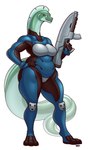 2024 anthro armor big_breasts blazbaros breasts clothing eel female fish green_body green_eyes gun hand_on_hip hi_res marine ranged_weapon solo thick_thighs weapon wide_hips