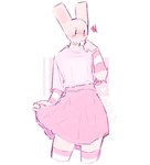 2023 anthro arm_warmers armwear black_eyes blush blush_lines bottomwear bunonthemoon clothed clothing clothing_lift crossdressing femboy fur leg_warmers legwear looking_aside male shy skirt skirt_lift slim_anthro slim_male solo white_body white_fur