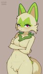 anthro arm_under_breasts biped blush breasts cheek_tuft crossed_arms crotch_tuft facial_tuft featureless_breasts female frown fur generation_9_pokemon green_body green_fur green_tail hi_res kyurisawa looking_at_viewer nintendo pink_nose pokemon pokemon_(species) red_eyes solo sprigatito tail tuft