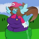 1:1 absurd_res anthro belly breasts chibi_(chibitay) chibitay clothed clothing cosplay domestic_cat felid feline felis female hi_res mammal mario mario_bros nintendo pipe solo stuck thick_thighs translynx