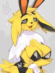 2022 anthro big_breasts biped blush bodily_fluids breasts cleavage clothed clothing digital_media_(artwork) eeveelution fake_ears fake_rabbit_ears female fur generation_1_pokemon hi_res jolteon kame_3 multicolored_body multicolored_fur nervous_smile nintendo pokemon pokemon_(species) simple_background solo spiral_eyes sweat two_tone_body two_tone_fur white_background white_body white_fur yellow_body yellow_fur